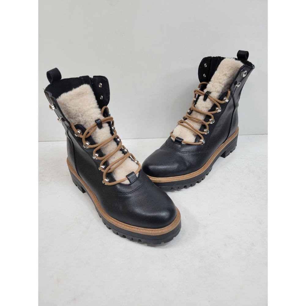 Nine West Black Leather Shearling Lace Up Combat Ankle Boots Womens 8.5M
